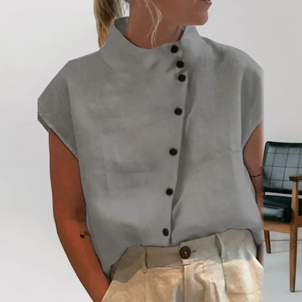 

Stylish Summer T-shirt Anti-pilling Women Shirt Stand Collar Women Solid Color Casual T-shirt Dressing Up