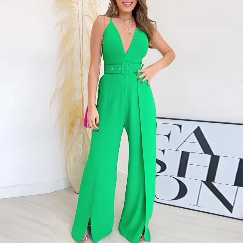 

Elegant Women's Sexy Strap Jumpsuits 2023 Autumn Office Lady Fashion Solid V-Neck High Waist Wide Leg Jumpsuit with Belt S-XXL