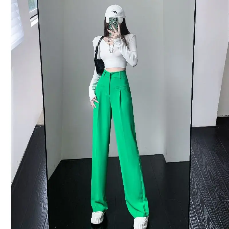 Draping Summer High Waist Straight Mopping Pants Korean Style Slim Casual Wide-Leg Pants Femme Autumn Green Suit Pants Women