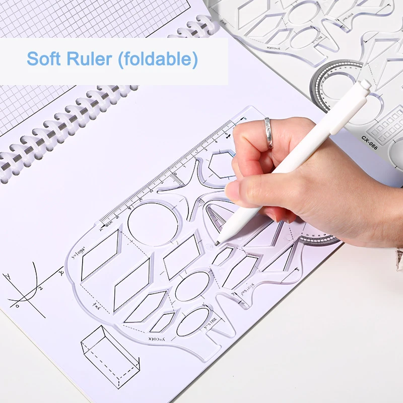 

1Pcs Transparent Soft Plastic Multifunctional Activity Drawing Geometric Ruler Triangle Ruler Compass Protractor Measuring Tool