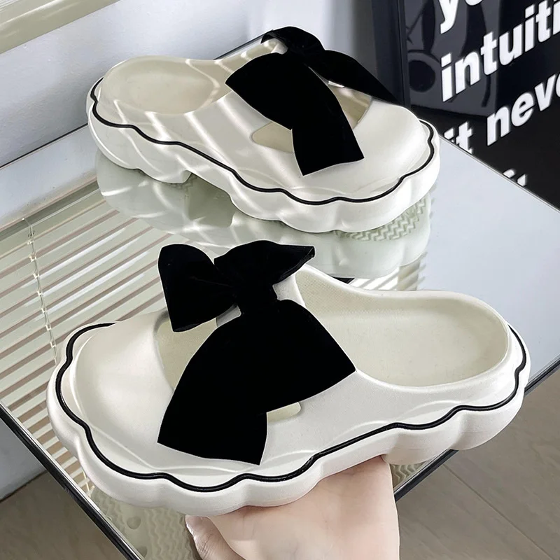Mary Jane Slippers Women's Cute Summer Students' Bow Thick Soles Anti Slip Bow Slipper Garden Shoes Mute Sandals