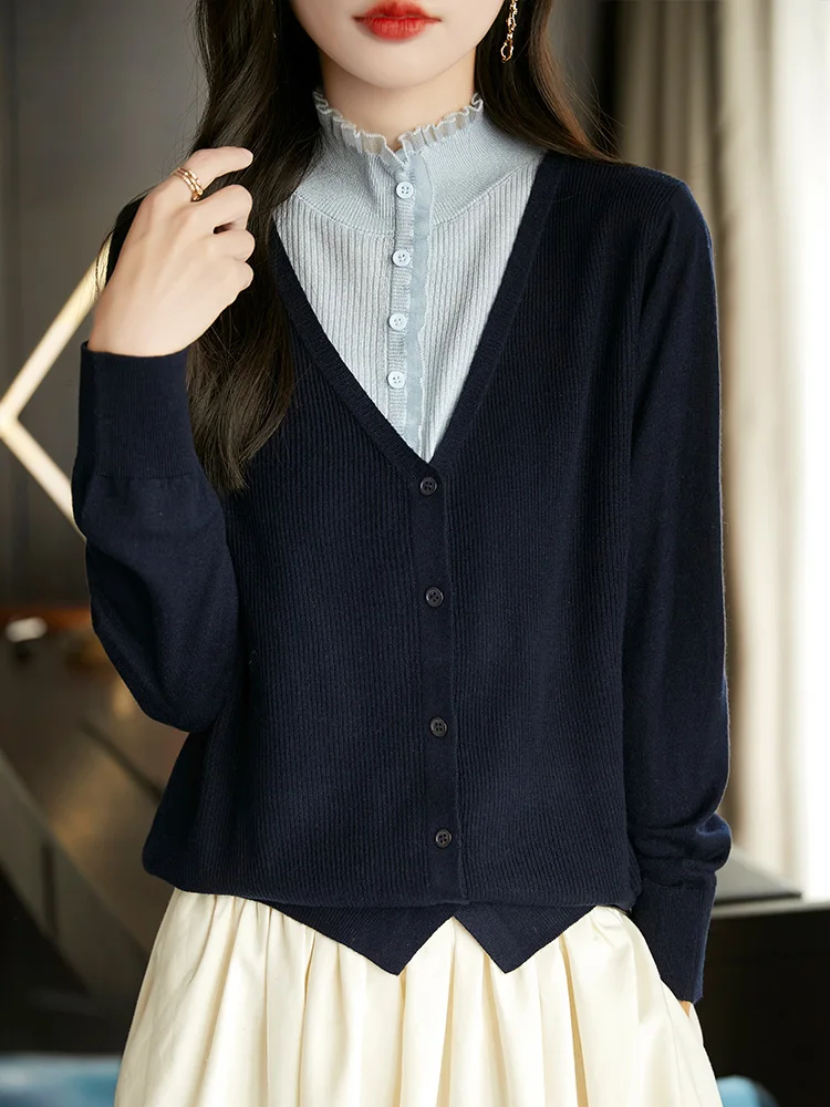 Изысканный женский кардиган из искусственной шерсти весна-осень контрастного