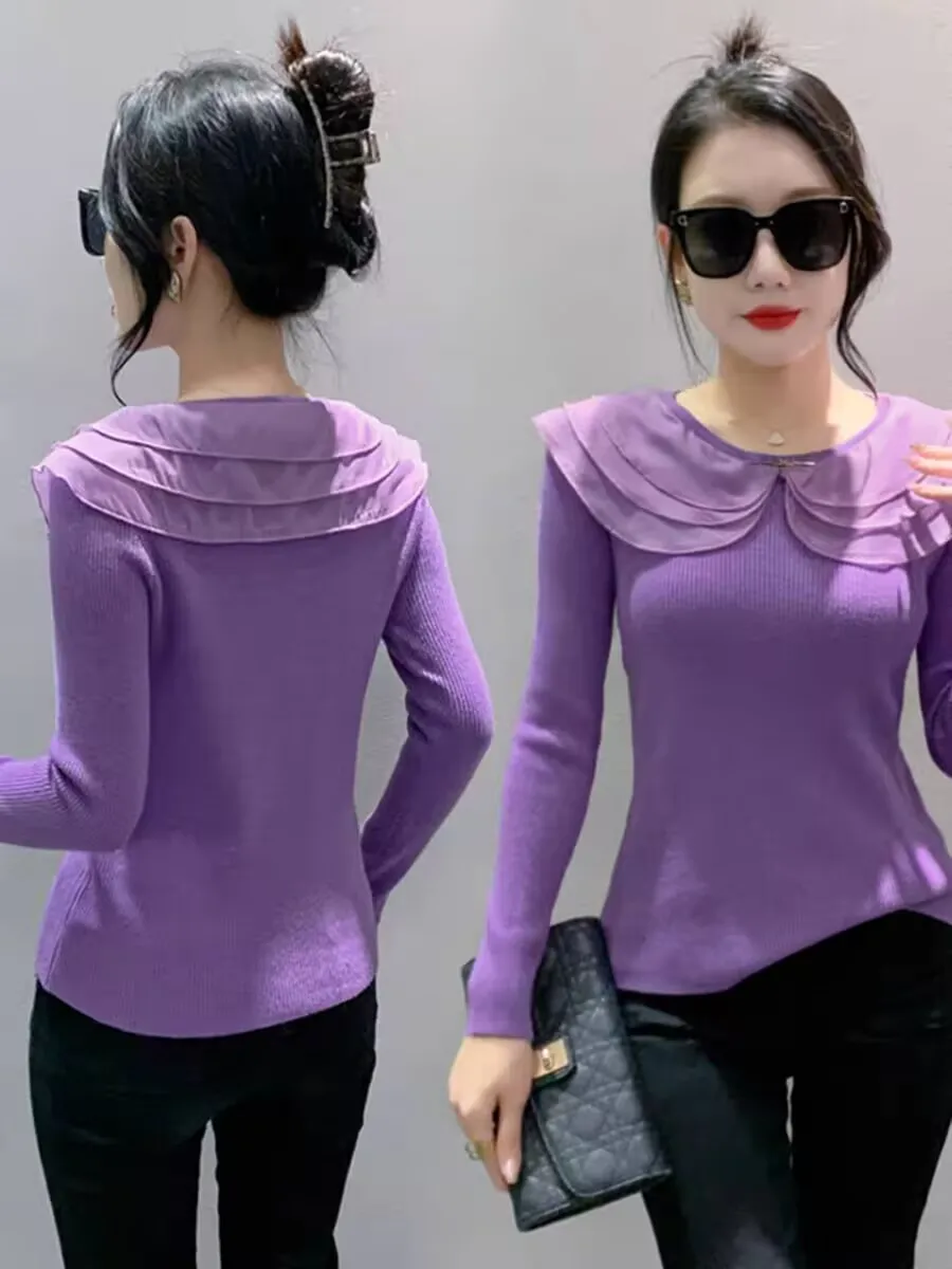 Полосатый оборками по краям повседневный полированный женский осенне-зимний