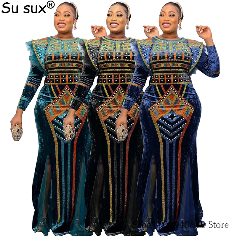 Beading Velvet African Dresses For Women Elegant Evening Party Maxi Dress Mesh Patchwork Fishtail Robe African Clothes Femme