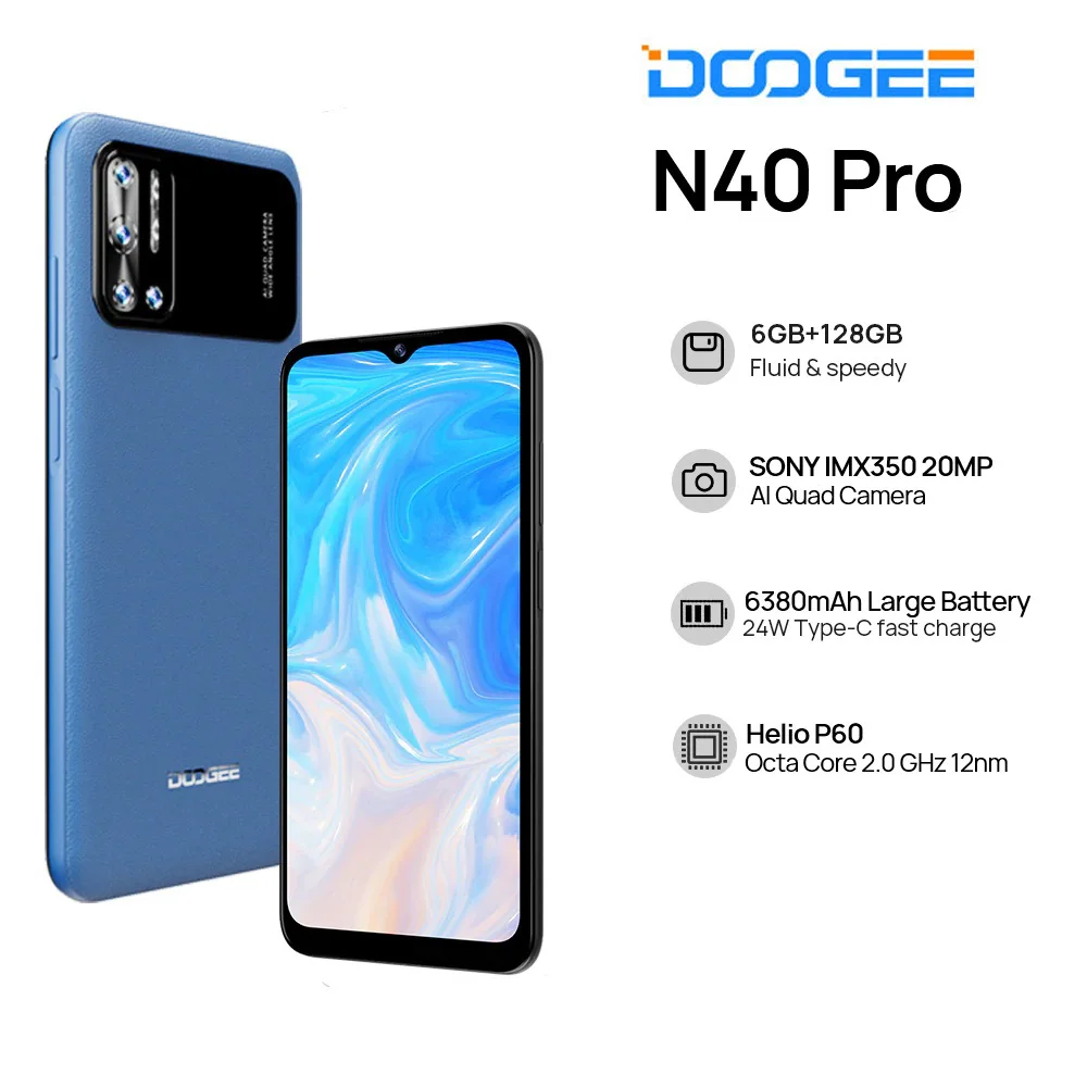 

DOOGEE N40 Pro Smartphone 6.5 Inch 20MP Quad Camera Helio P60 6GB+128GB Cellphone 6380mAh Battery 24W Fast Charging