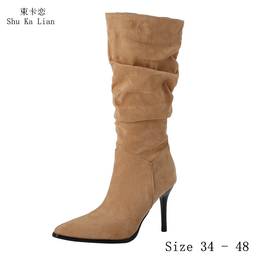 

Spring Autumn Women Mid Calf Boots High Heel Shoes Short Boots Woman Plus Size 34 - 48