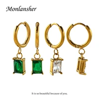 monlansher delicate cute greenwhite square zircon pendant hoop earrings stainless steel 18 k pvd earrings jewelry for women