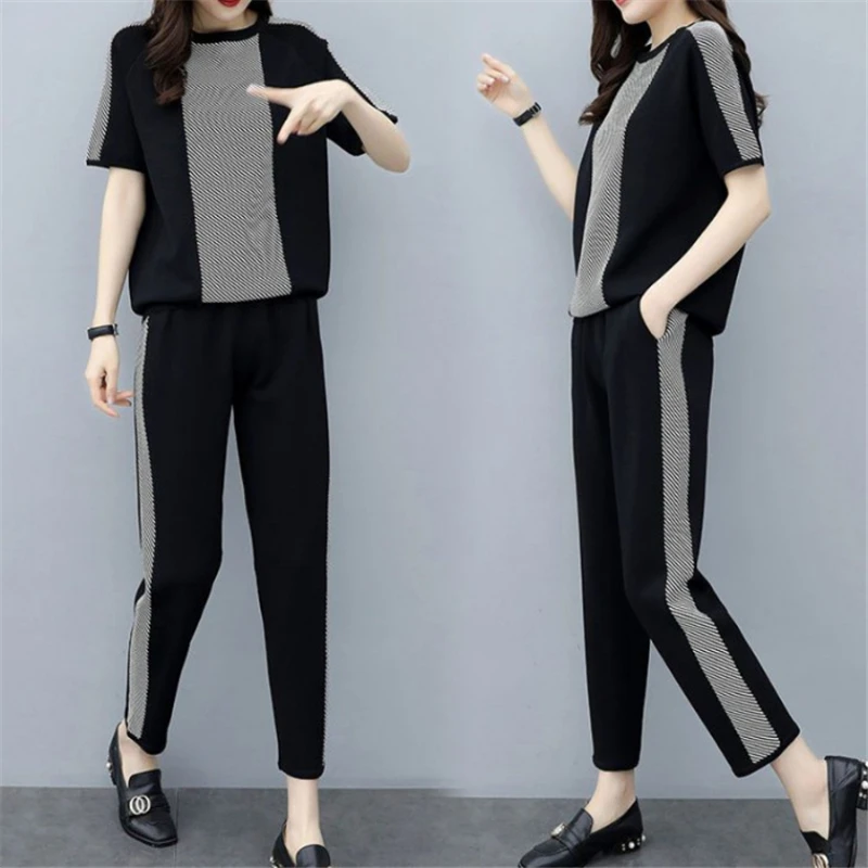

Two Piece Set Women Tracksuit Sweatsuit O-neck Short Sleeve T-shirt Top and Pants Sporting Suit Female Casual Summer Outfits