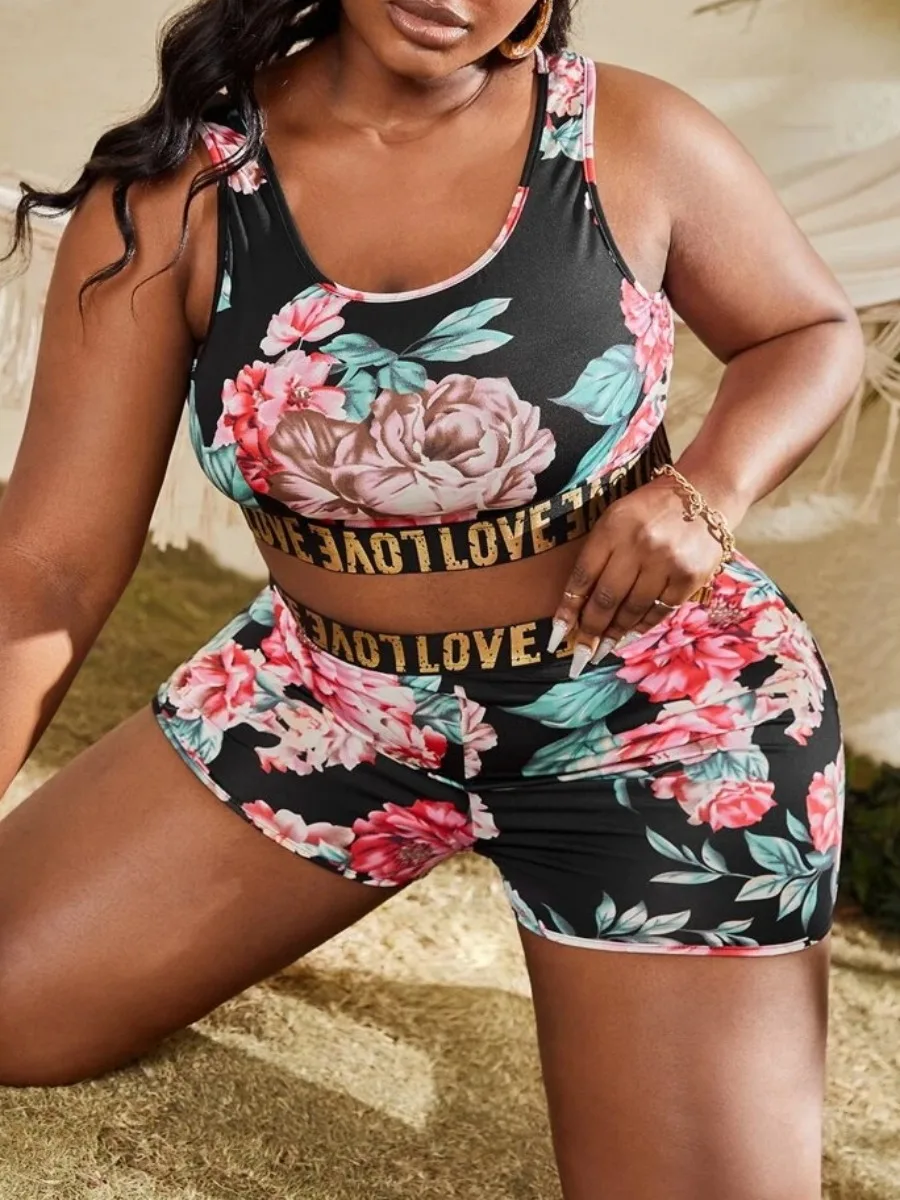 LW Plus Size summer Two pieces set Casual Women Tracksuit Crop Top Floral Letter Print Shorts Set sport Shorts Suit Two Piece Se