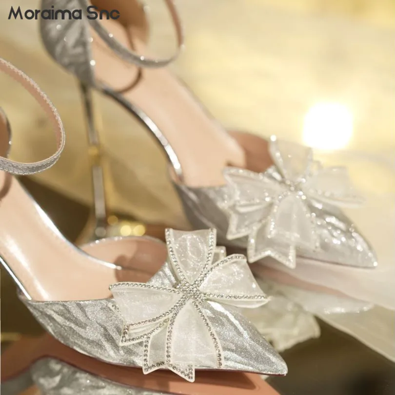 Rhinestone Bow Glitter Wedding Shoes Pointed Toe Stiletto High-Heeled Temperament Fashion High-Heeled Shoes Buckle Hollow Pumps