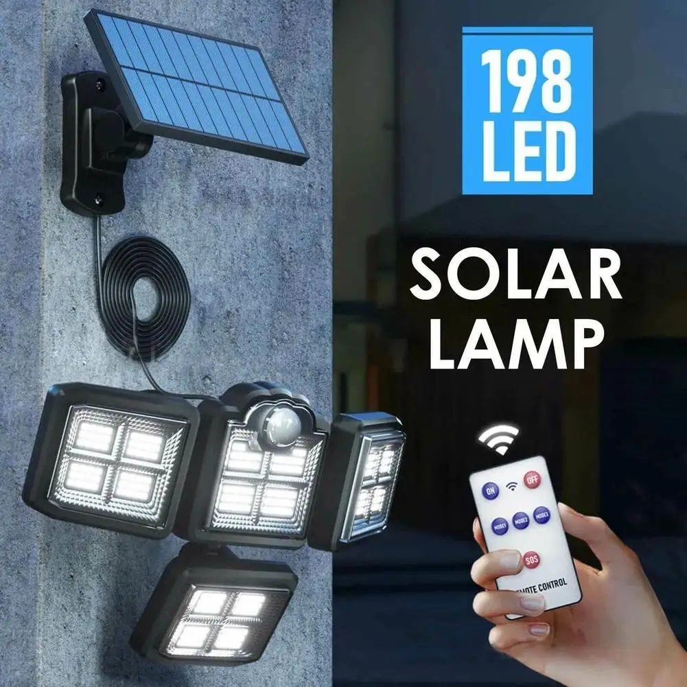 

198led Solar Light 4 Head 3 Modes Ip65 Waterproof 270 Wide Angle Motion Sensor Garden Security Wall Light