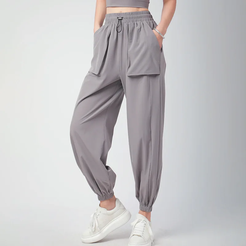 Women's Sports Pants Loose Spring Autumn Running Yoga Tracksuit Trousers Pocket Fitness Solid High Waist Cargo Jogging Pants