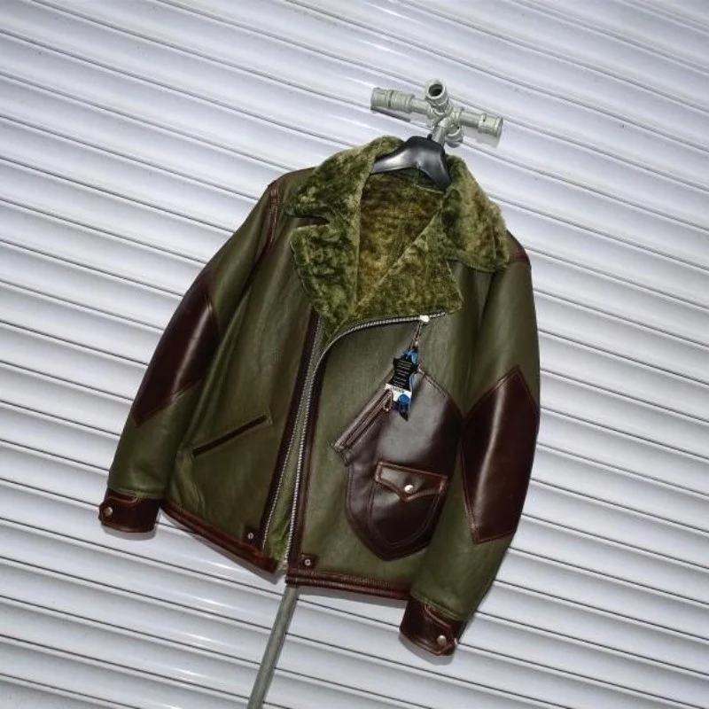 

Men of the vintage Royal Skin of Winter Wool Warm Forro Outerwear Splice Slim Fit Lapela Leather Jacket Shearling Motorcycle