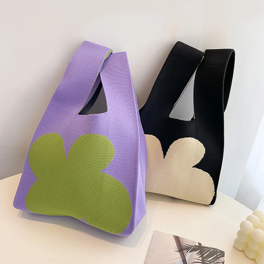 

Handmade Knit Handbag Women Mini Knot Wrist-bag Female Casual Color Wide Stripe Plaid Tote Bag Student Reusable Shopping Bag