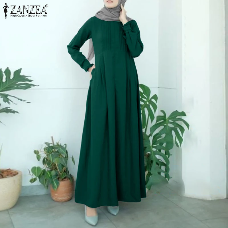 Vestido de Verão Longo Mangas Compridas O-pescoço Muçulmano Kleid Islâmico Abayas Vestidos Longos Elegante Casual Solto Zanzea Primavera Feminino Sólido Maxi