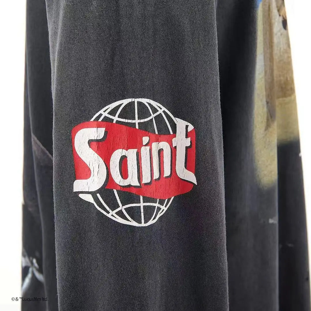 Фото Футболка с длинным рукавом Saint PlanetWars в винтажном стиле с эффектом потертости, унисекс, с принтом, для хип-хопа и уличной моды, повседневная, оверсайз №4