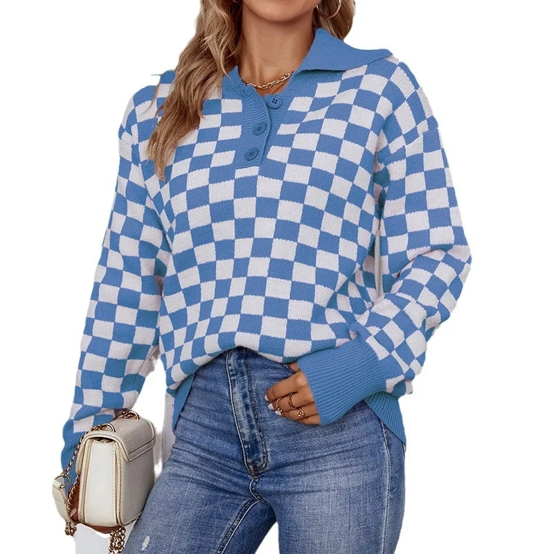 

2023Casual comfortable Contrast Color Plaid Neck Sweater Women's Autumn/Winter New Knit