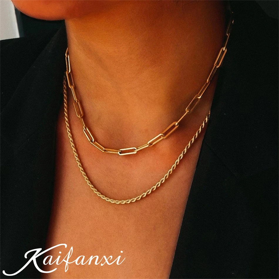 

Kaifanxi stainless steel braided necklace chain multilayer 14k gold paper clip square chain necklace female jewelry choker