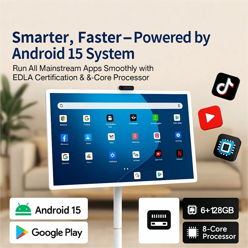 Фото 32-дюймовый Android 15 Smart TV, напольная подставка для планшета 6G+128G с пультом дистанционного управления, видеозвонок с камерой 2K, встроенный аккумулятор емкостью 148 Вт №2