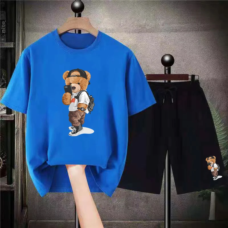 2023 Summer New Luxury Brand Men Shorts T Shirt Sets Cotton T-Shirt Bear Print 2 Piece Suits Women's Tracksuit Men Clothing