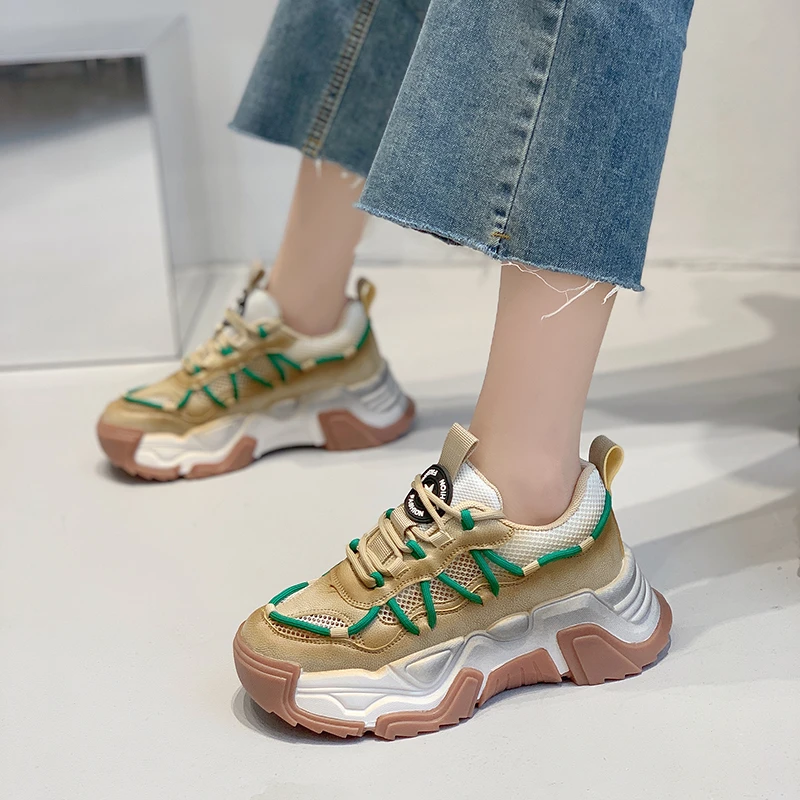 

Women Chunky Platform Mesh Sneakers 2022 New Ulzzang Breathable Trainers Lace-up Vulcanized Shoes Female Dad Casual Sports Shoes