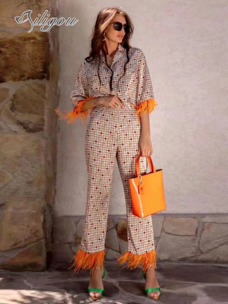 

Женский домашний комплект Ailigou с цветочным принтом, элегантная Свободная рубашка, комплект из двух предметов, модные сексуальные брюки с пе...