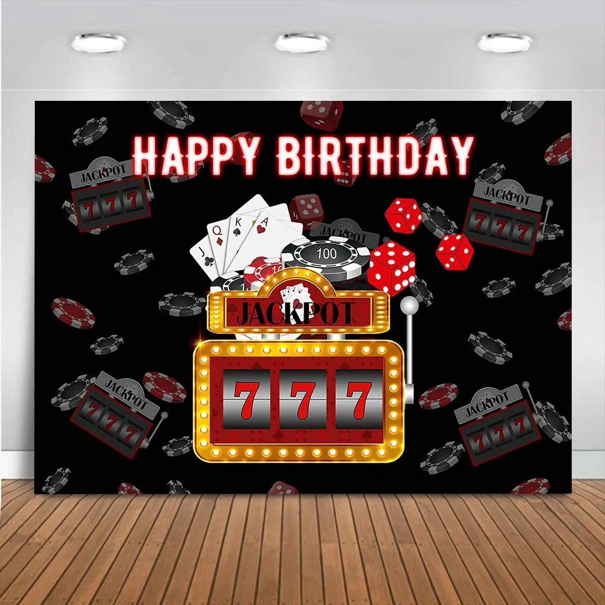 

Las Vegas Theme Happy Birthday Backdrop Poker Dice Casino Theme Slot Machine Jackpot 777 Winner Birthday Party Holiday Banner