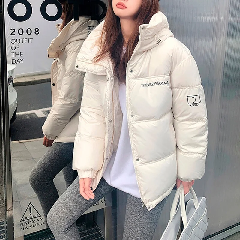 Down Padded Jacket Winter 2021 Fashion Women's Solid Color Loose Cotton Jacket Women's Hooded Warm Women's Long-sleeved Jacket
