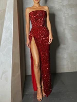 luxury sequins evening maxi dress for women 2022 new summer sexy strapless split sleeveless celebrity hot club party dress