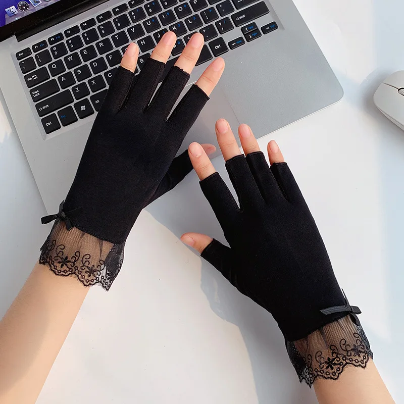 

New Women Half-finger Lace Gloves Summer Sunscreen Breathable Thin Cotton Anti-UV Non-slip Driving Gloves