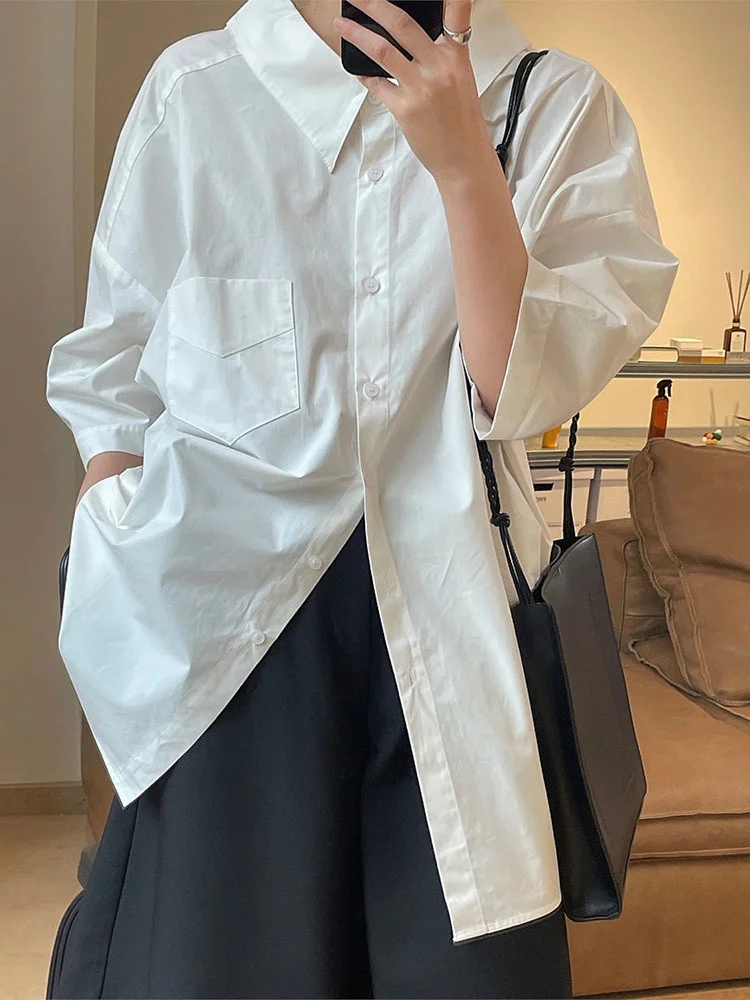 

Short Sleeve Turn-down Neck Shirts Women Casual Single Breasted Solid Color Simple Tops 2022 Spring Fashion B133