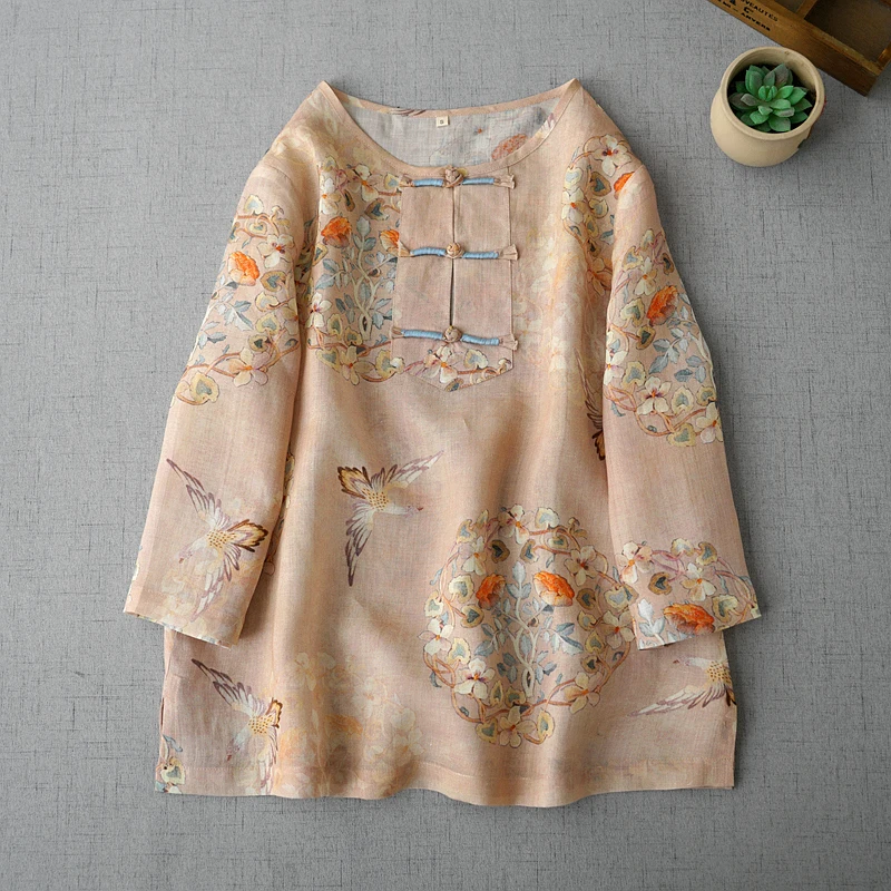 

Рубашка из хлопка и льна для женщин, Новинка лета 2023, блузки в китайском стиле с принтом, топ свободного кроя в стиле ретро с О-образным вырезом YCMYUNYAN