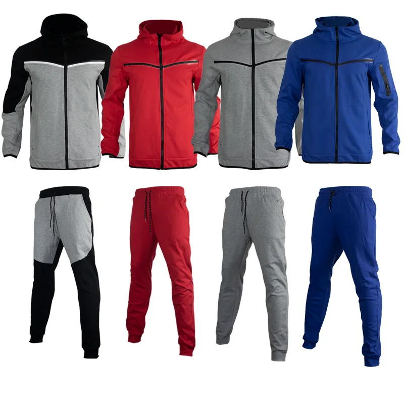 

Soild Color 100% Cotton Tech Fleece Men Tracksuit Set Full-Zip Sweatshirt Jogger Sweatpants Warm Sports Suit Gym Training Wear