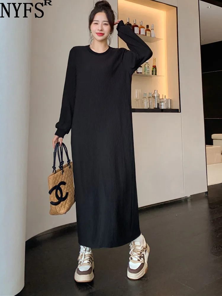 

NYFS 2022 Autumn New Korea Woman Dress Vestidos Robe Femme Elbise Loose Plus Size Cotton Sliver Solid Long Dress
