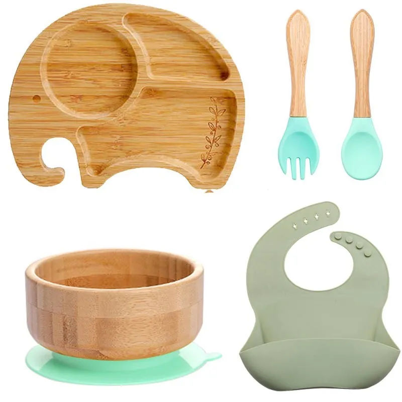 5Pcs/Set Baby Feeding Bowl Dinner Plate Bib Fork Spoon Kids Cartoon Tableware Bamboo Wood Non-slip Children's - купить по