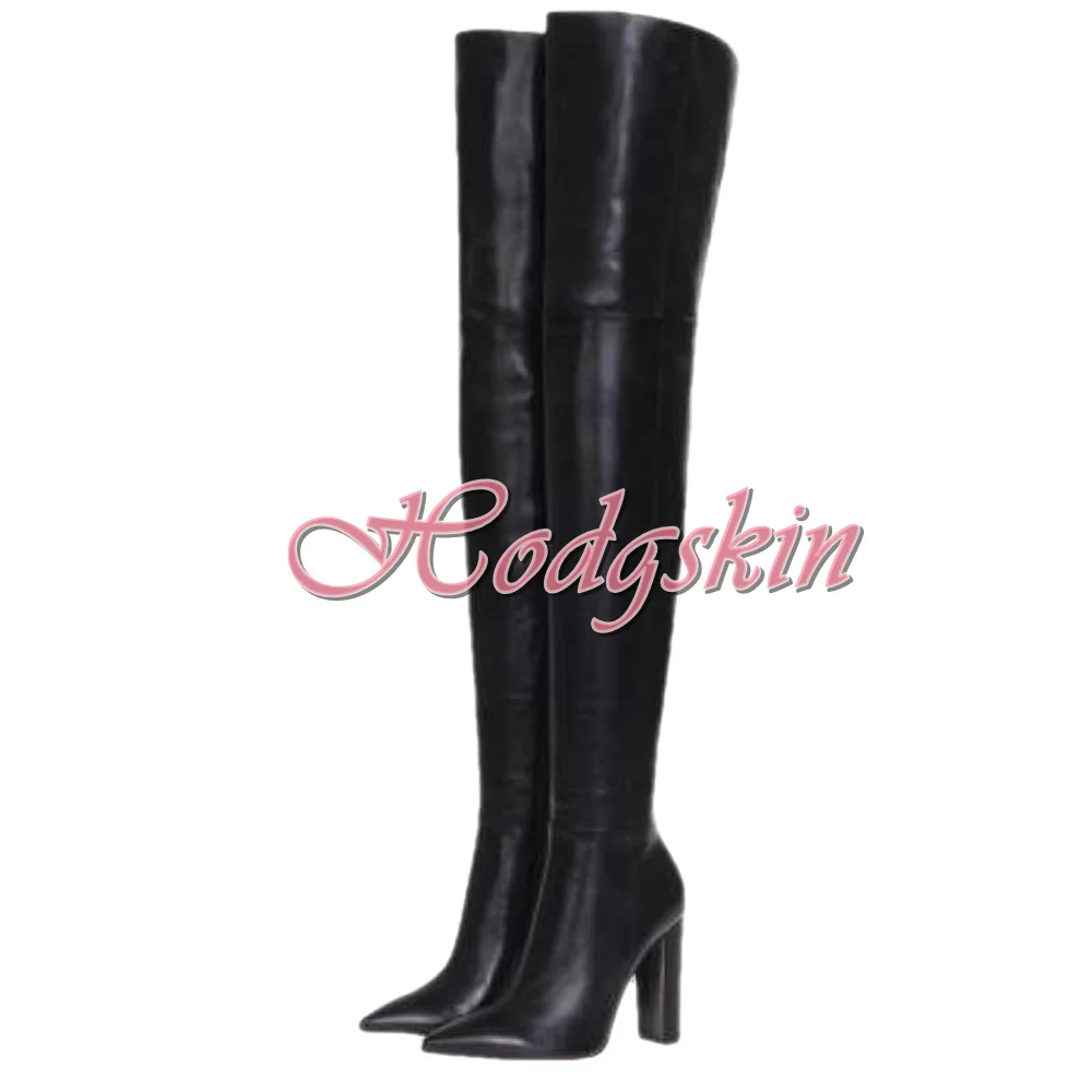 

Однотонные длинные сапоги из натуральной кожи, Сапоги выше колена с острым носком на массивном высоком каблуке, на молнии, женские зимние вечерние классические сапоги, дизайнерская обувь