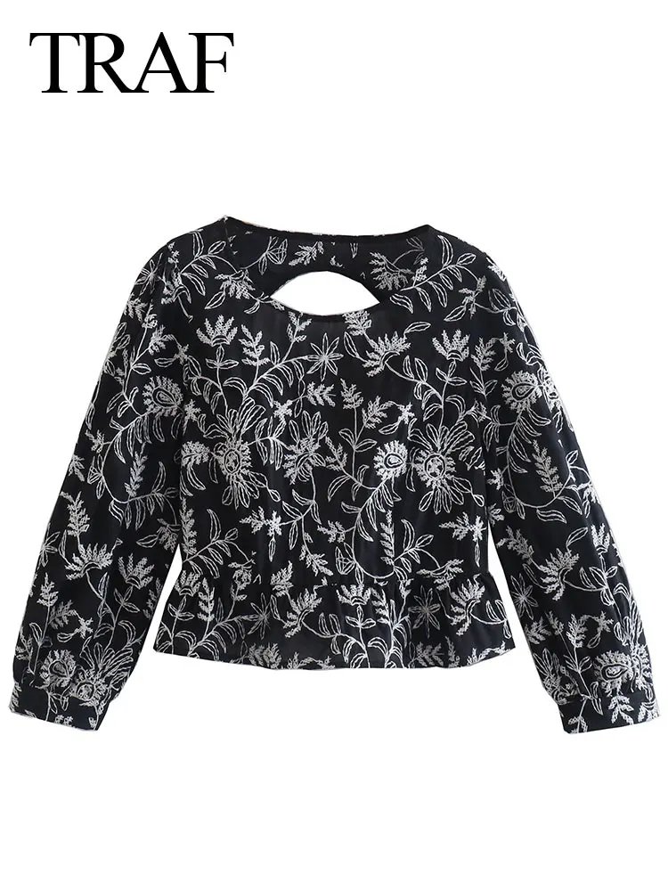 

TRAF Summer New Popular Elegant Trend Round Neck Blouse Fashion Retro Backless Black Floral Embroidery Casual Women's Top