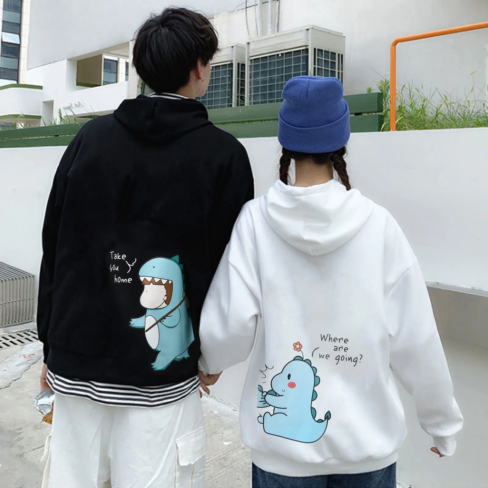 

Autumn Winter Couples Hoodies Kawaii Dinosaur Matching Sweatshirt Fashion Casual Hip Hop Streetwear Clothing For Men Women Tops