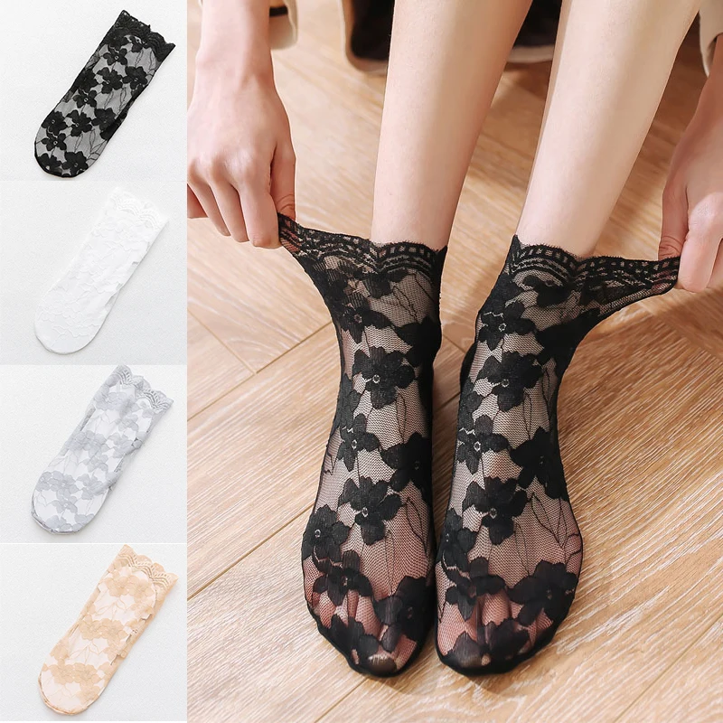 

Summer Sexy Invisible Lace Flower Fishnet Socks Women Non-slip Hollow Out Shallow Transparent Mesh Socks Thin Elastic Ankle Sock