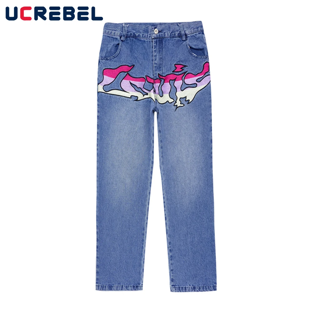 

Abstract Embroidery Denim Pants Mens High Street Loose Straight-leg Pants Streetwear Jeans Casual Trousers Men