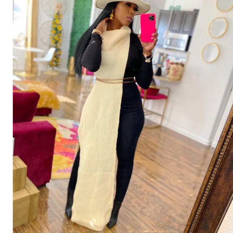 

2022 Spring Autumn New Women Sexy Two Side Split Knitted Sweater Dress Turtleneck Solid Party Dresses Vestidos Outfits