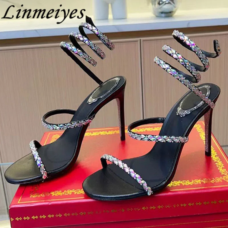 

Сандалии-гладиаторы женские на высоком каблуке, босоножки со стразами, со змеиным плетением вокруг щиколотки, летние босоножки на шпильке