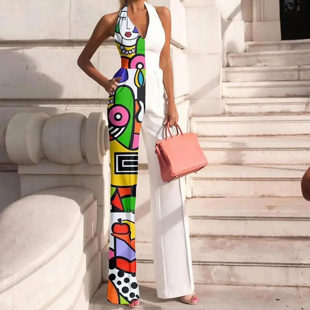 

Women Holiday Jumpsuit Abstract Print Wide Leg Summer Backless Lace-up Jumpsuit Summer Beach Streetwear