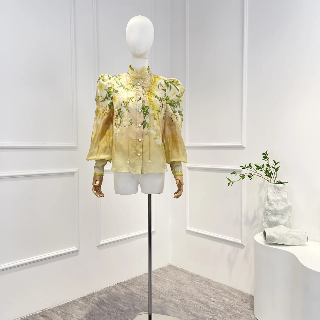 

2023 New High Quality Linen Silk Spring Summer Vintage Floral Printing Beige Long Lantern Sleeve Casual Woman Blouse