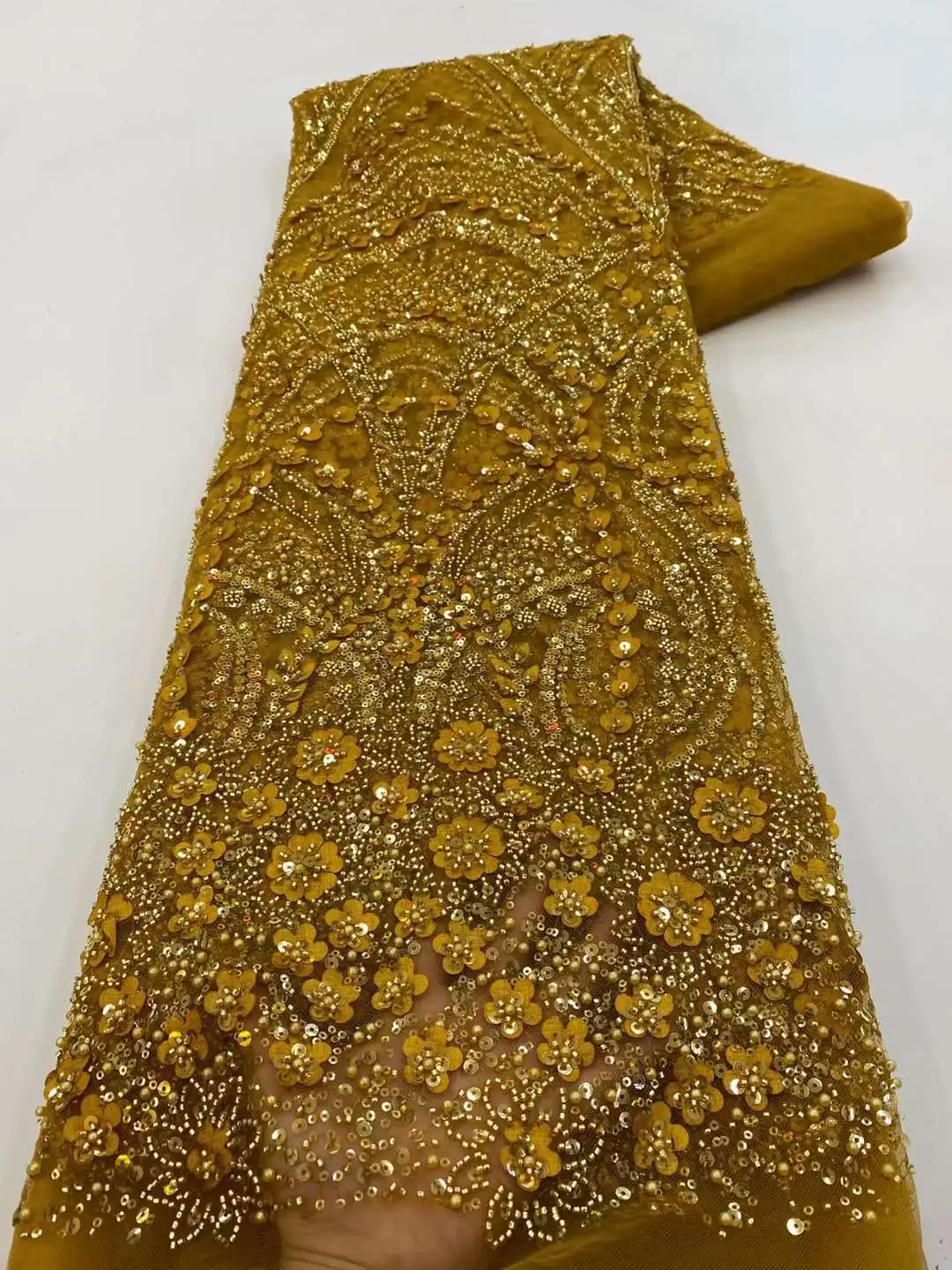 Новейшая ткань с блестками 2024 бусин кружевная вышитая Тюль Ткань для жениха