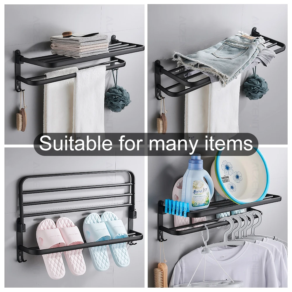 towel rack 40 60 cm folding holder with hook bathroom accessories wall mount hanger shower bar aluminum rail matte black shelf free global shipping