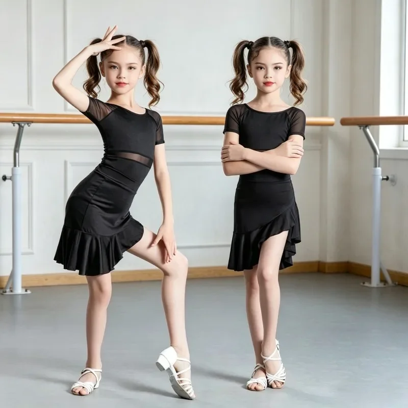 Фото Детское платье для латиноамериканских танцев yesGirls с коротким рукавом, сетчатыми вставками и оборками, для бальных танцев, летнее, для тренировок, экзаменов и выступлений №2
