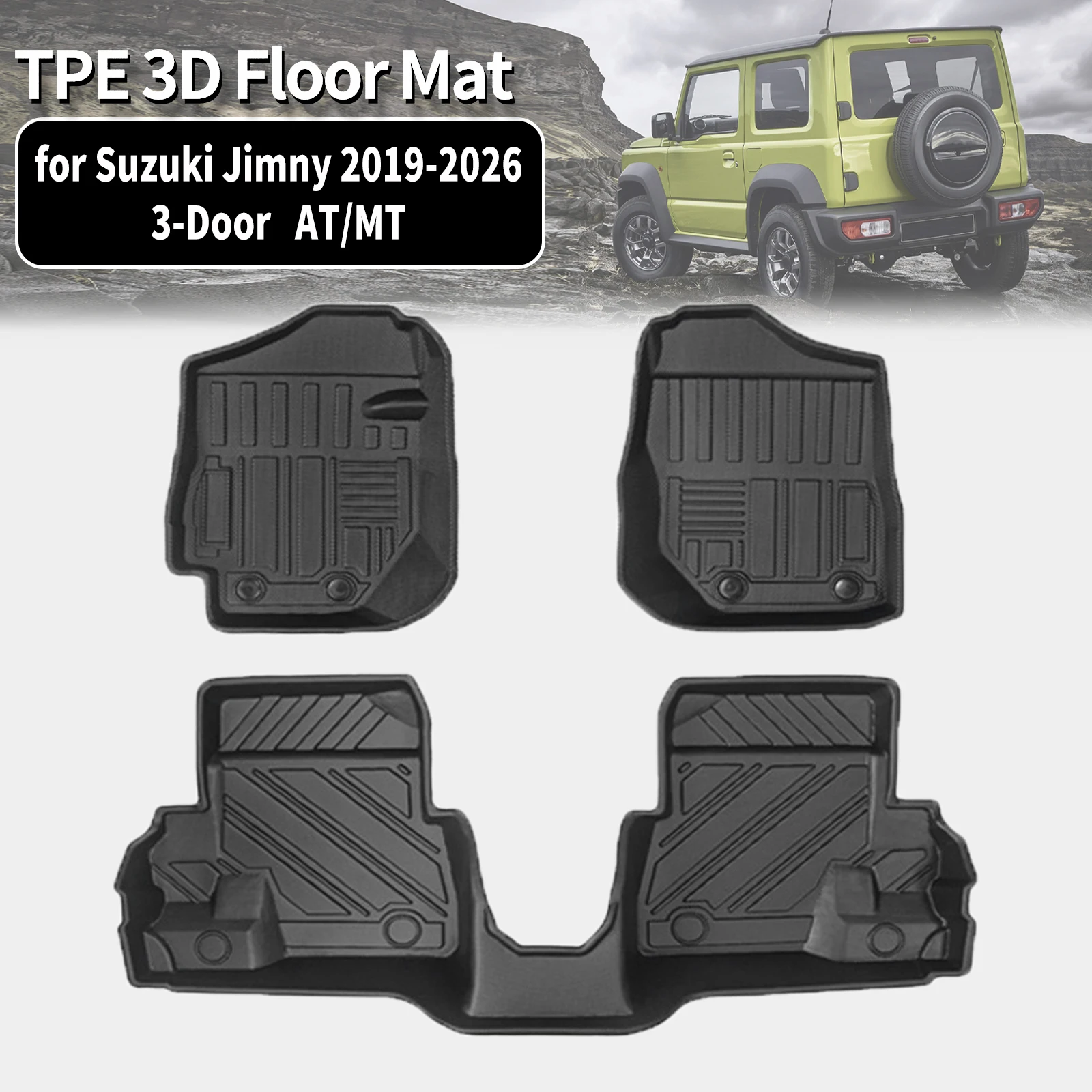 Фото Для Suzuki Jimny 2019-2023, 2024, 2025, 2026 JB74 JB64 3-дверные версии, AT/MT, экологичные коврики для пола и багажника из TPE, нескользящие, пылезащитные. №1