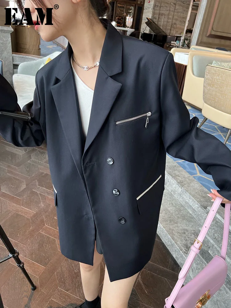 

[EAM] Women Black Zipper Big Size Casual Blazer New Lapel Long Sleeve Loose Fit Jacket Fashion Tide Spring Autumn 2022 1DE7186