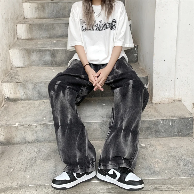 Black Baggy Jeans Men Fashion Retro Casual Tie Dye Straight Jeans Mens Japanese Streetwear Hip-hop Loose Denim Trousers Men